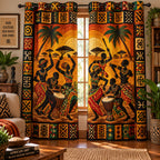 Quilted curtains with colourful African-inspired figures, drums and geometric borders