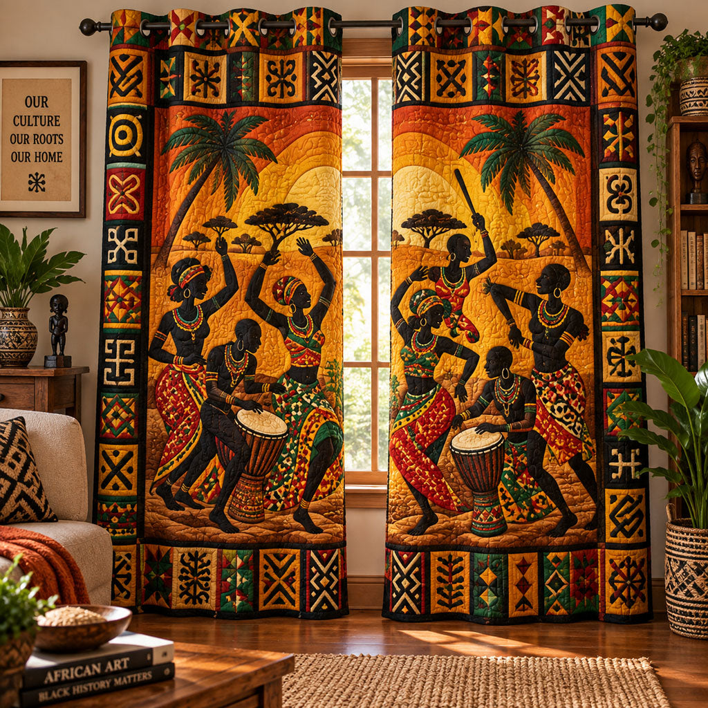 Quilted curtains with colourful African-inspired figures, drums and geometric borders
