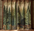 Quilted curtains with a detailed green forest tree design and grommet top