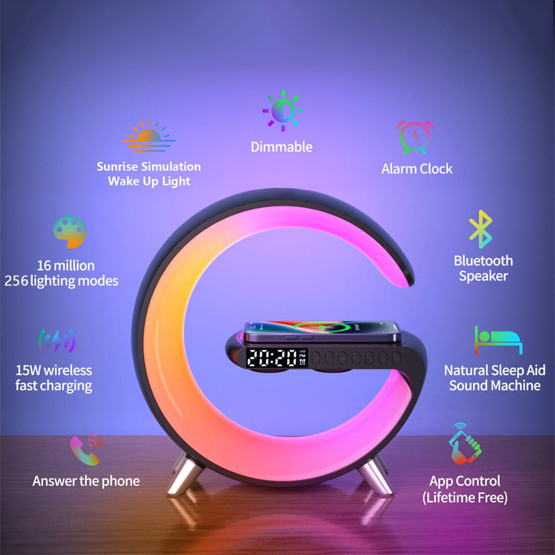 Smart alarm clock with digital display and colour-changing ring light