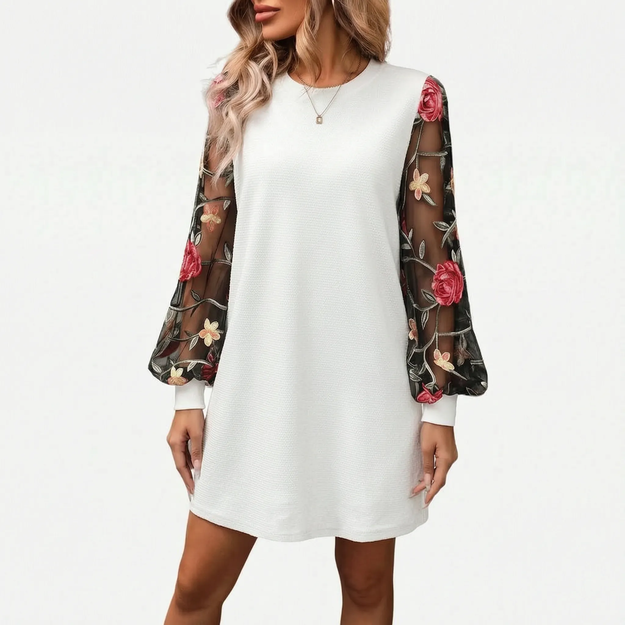 Fleurise  - Embroidered Bishop Sleeve Shift Dress Evening Dinners