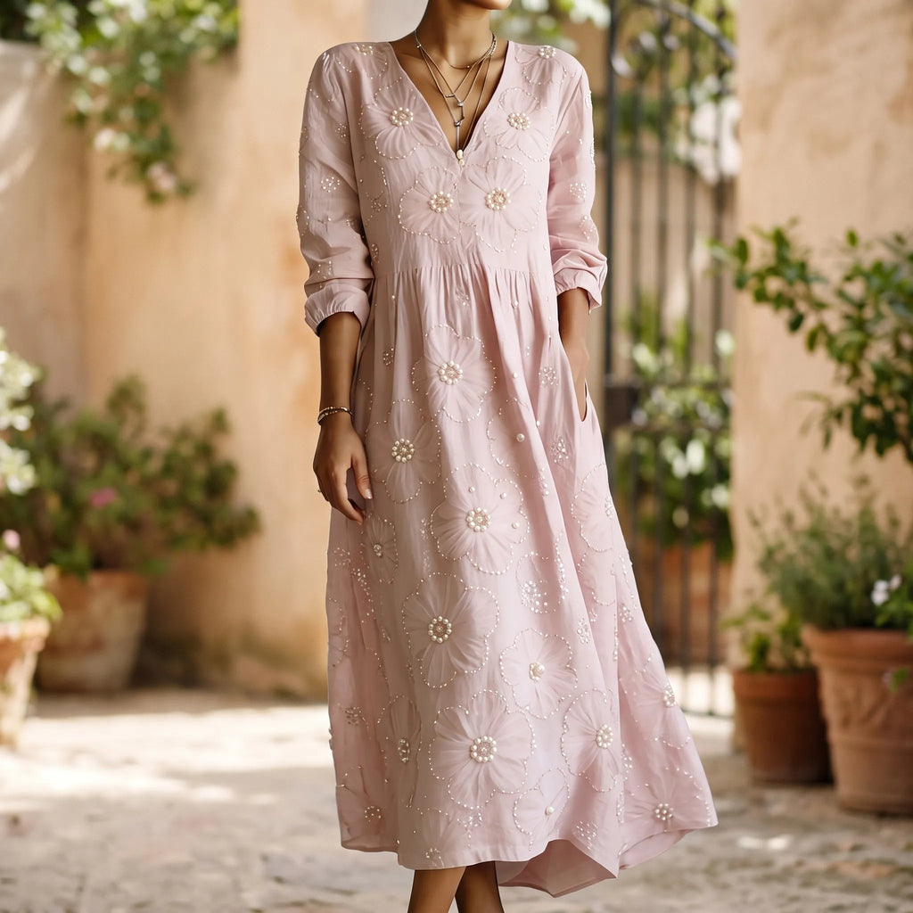 Florana  - Long-Sleeved Floral Midi Dress Weekend Garden Parties
