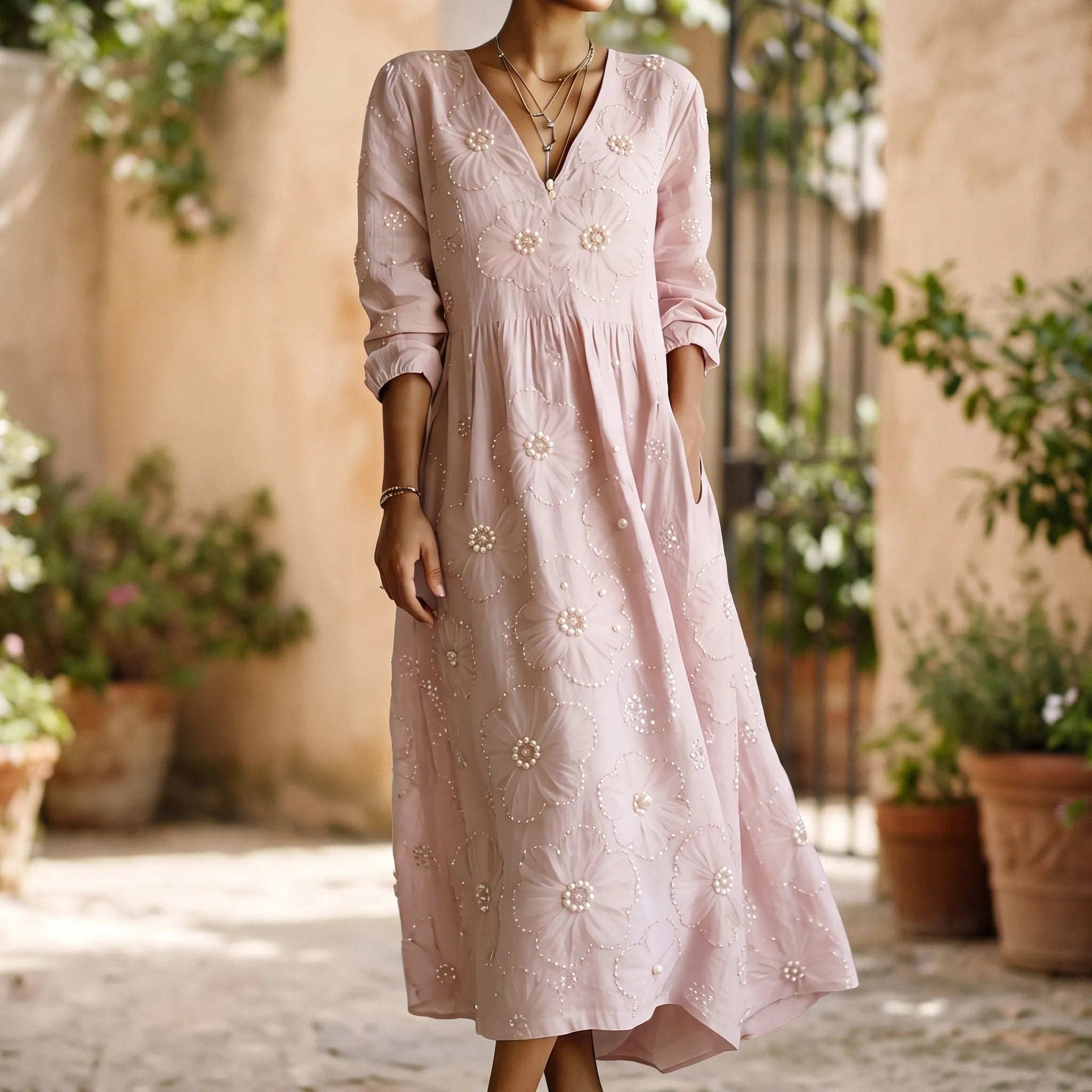 Florana  - Long-Sleeved Floral Midi Dress Weekend Garden Parties