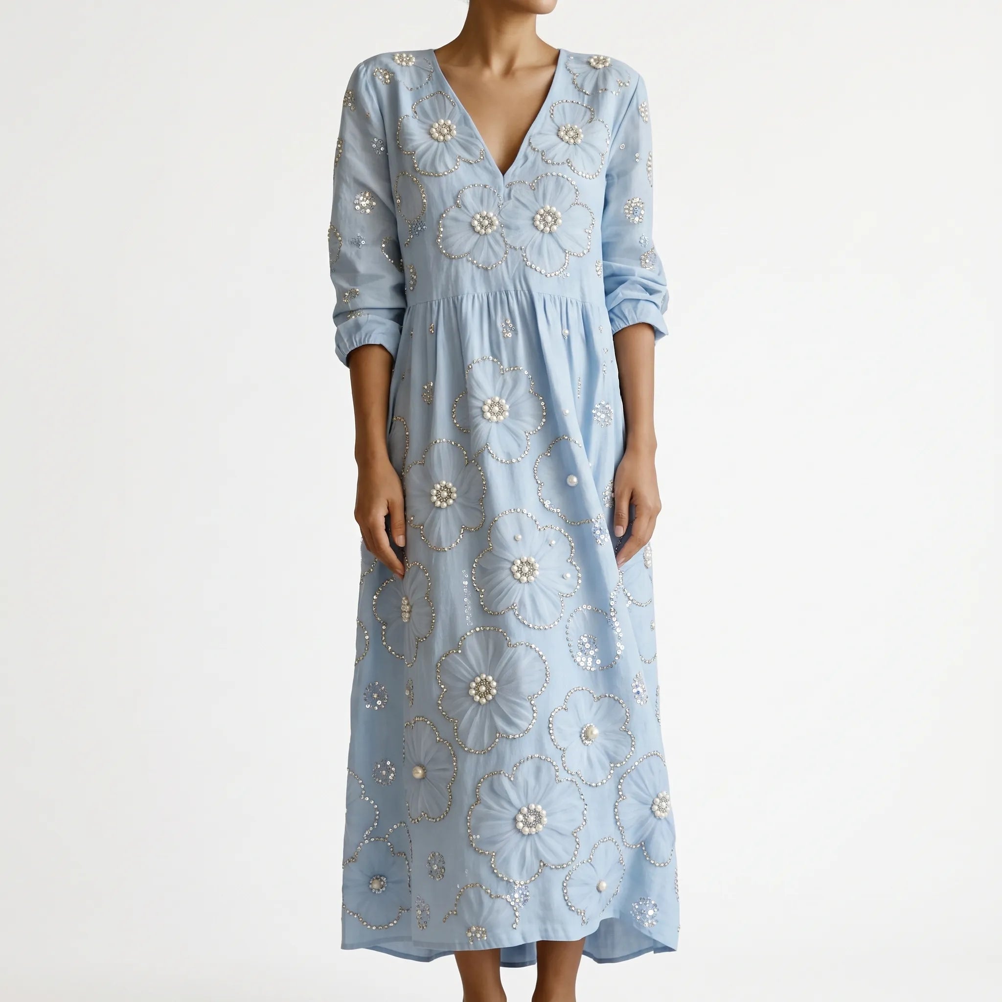 Florana  - Long-Sleeved Floral Midi Dress Weekend Garden Parties