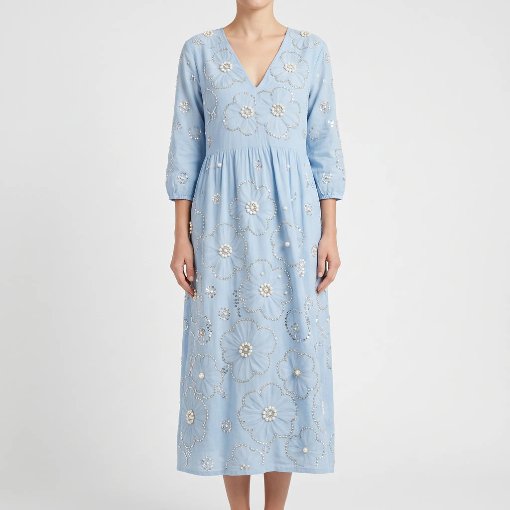 Florana  - Long-Sleeved Floral Midi Dress Weekend Garden Parties