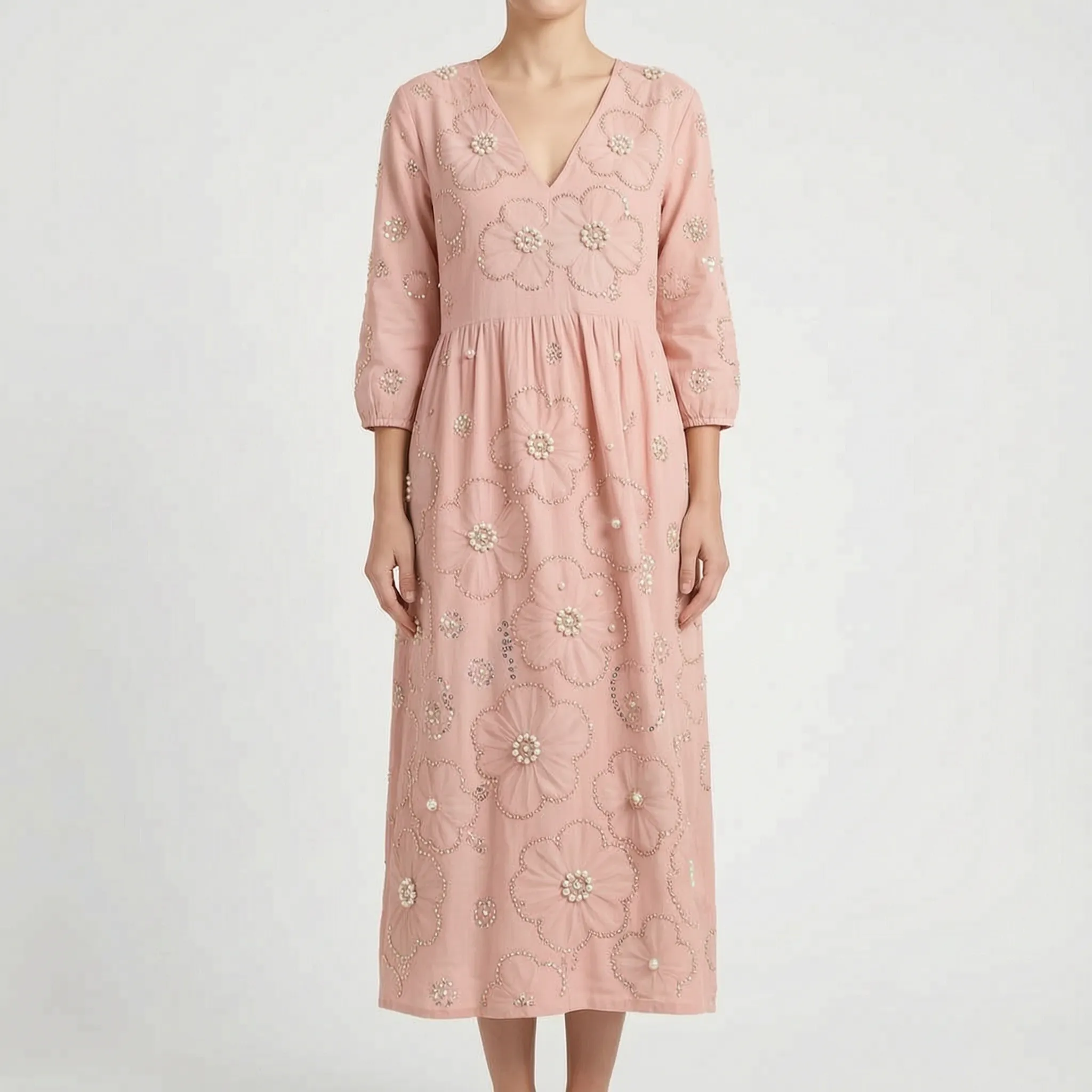 Florana  - Long-Sleeved Floral Midi Dress Weekend Garden Parties