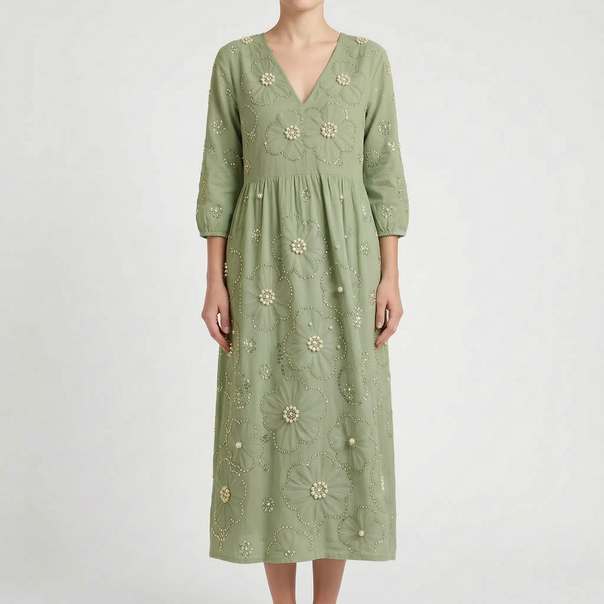 Florana  - Long-Sleeved Floral Midi Dress Weekend Garden Parties