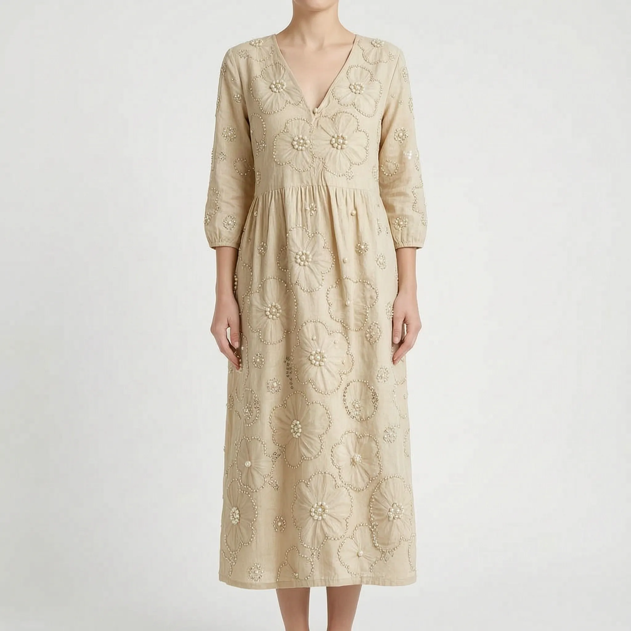 Florana  - Long-Sleeved Floral Midi Dress Weekend Garden Parties