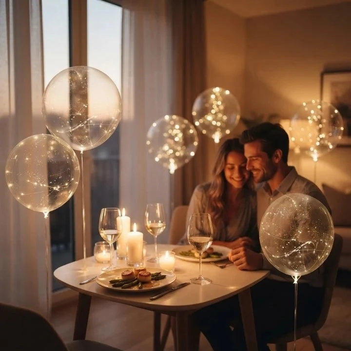 Clear LED balloons with warm white string lights along a garden path