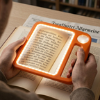 Handheld LED reading magnifier with illuminated rectangular lens and round lens