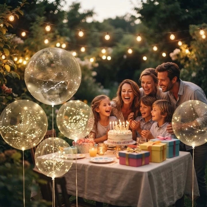 Clear LED balloons with warm white string lights along a garden path