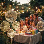 Clear LED balloons with warm white string lights along a garden path