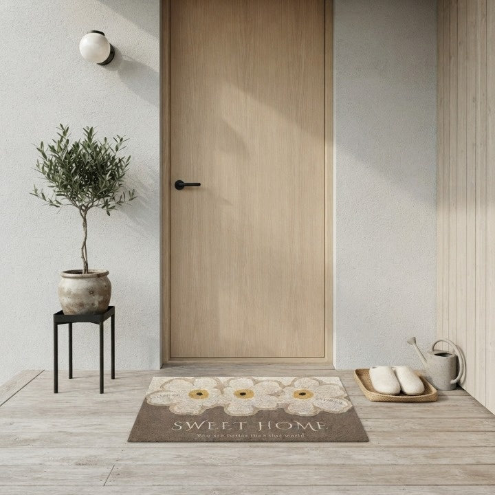 Brown floral door mat with cream flowers and Sweet Home text