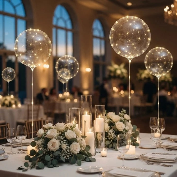 Clear LED balloons with warm white string lights along a garden path