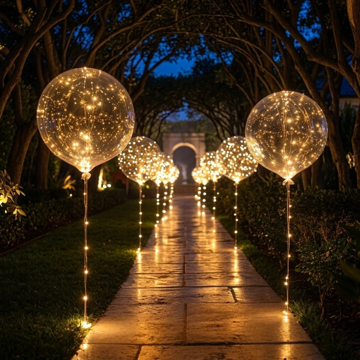 Clear LED balloons with warm white string lights along a garden path