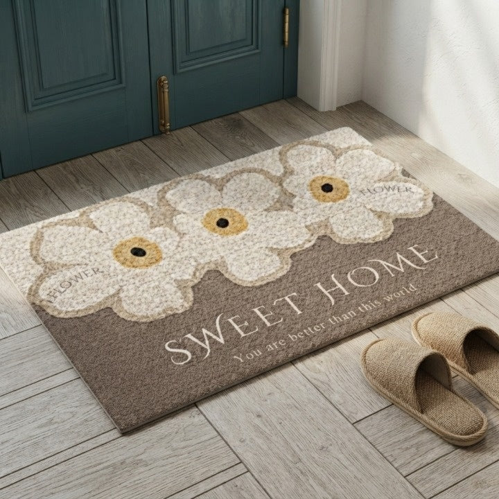Brown floral door mat with cream flowers and Sweet Home text
