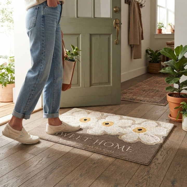 Brown floral door mat with cream flowers and Sweet Home text