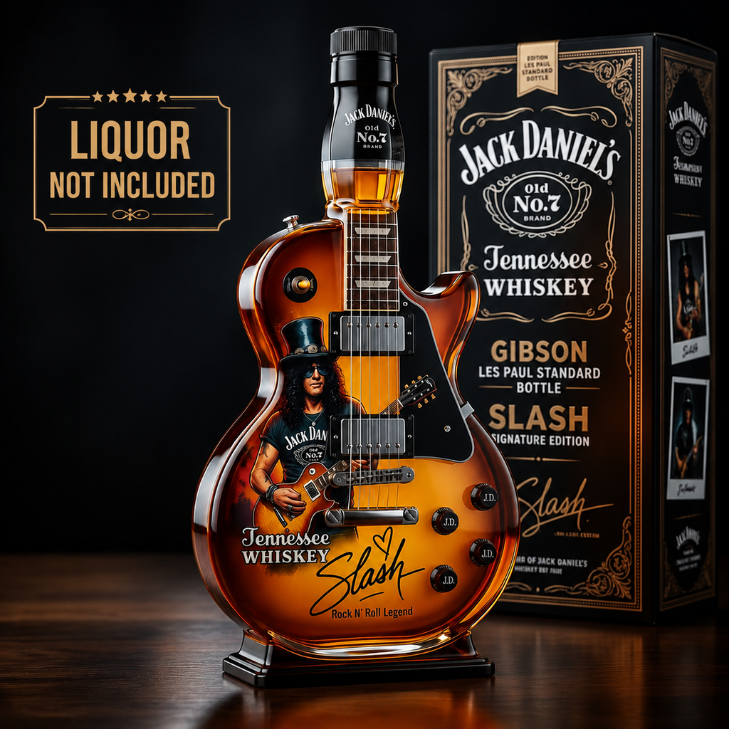 Guitar-shaped amber brown decorative decanter on a black display base
