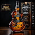 Guitar-shaped amber brown decorative decanter on a black display base