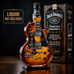 Guitar-shaped amber brown decorative decanter on a black display base