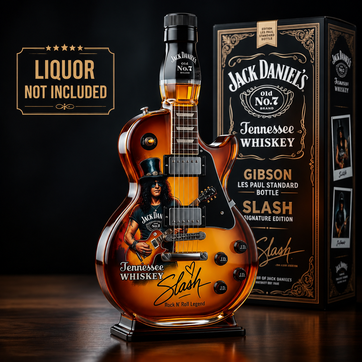 Guitar-shaped amber brown decorative decanter on a black display base