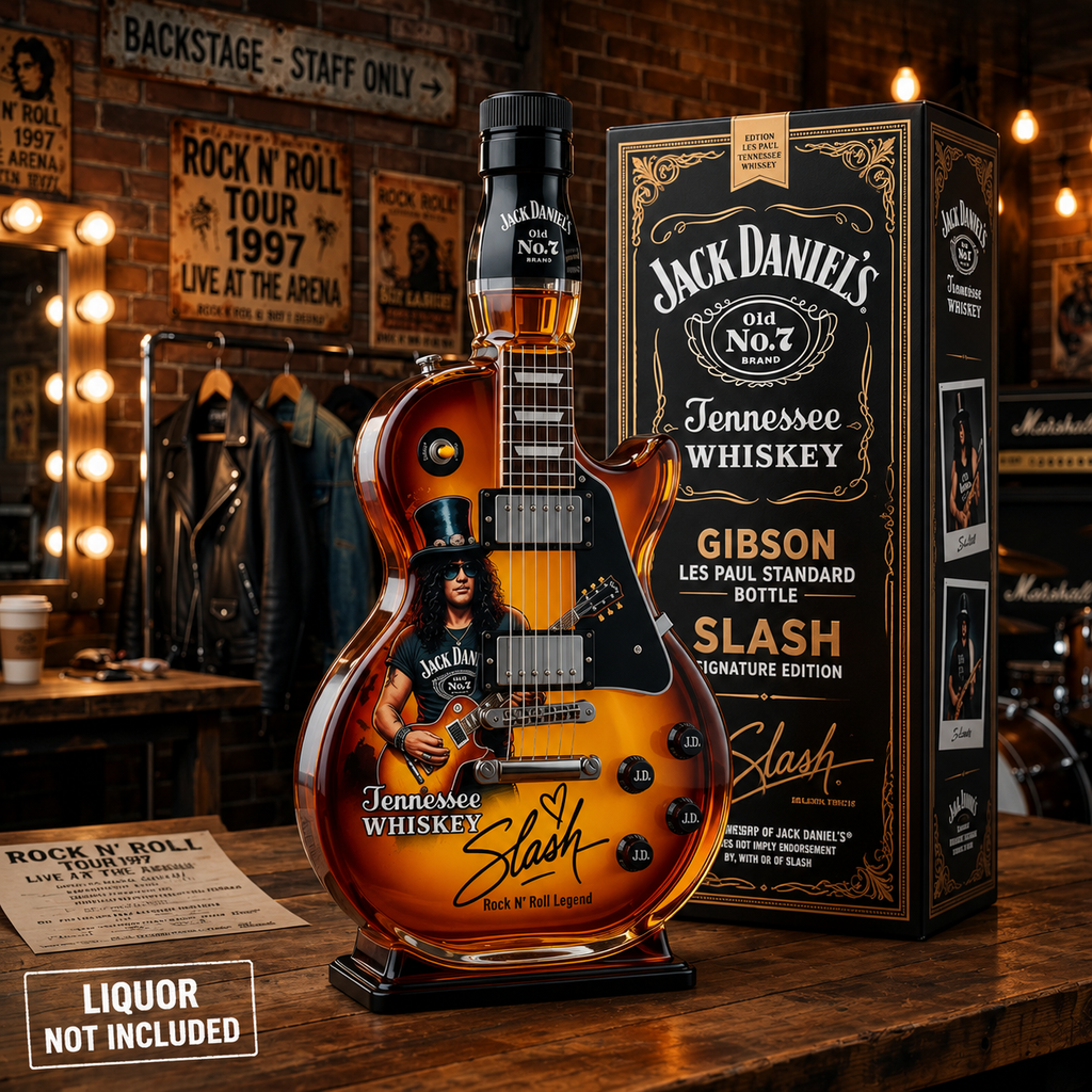 Guitar-shaped amber brown decorative decanter on a black display base