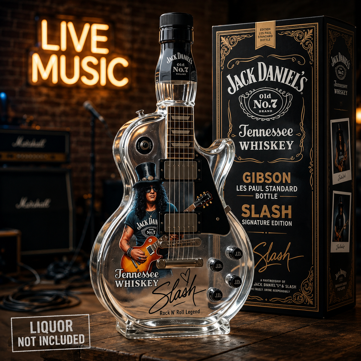 Guitar-shaped amber brown decorative decanter on a black display base