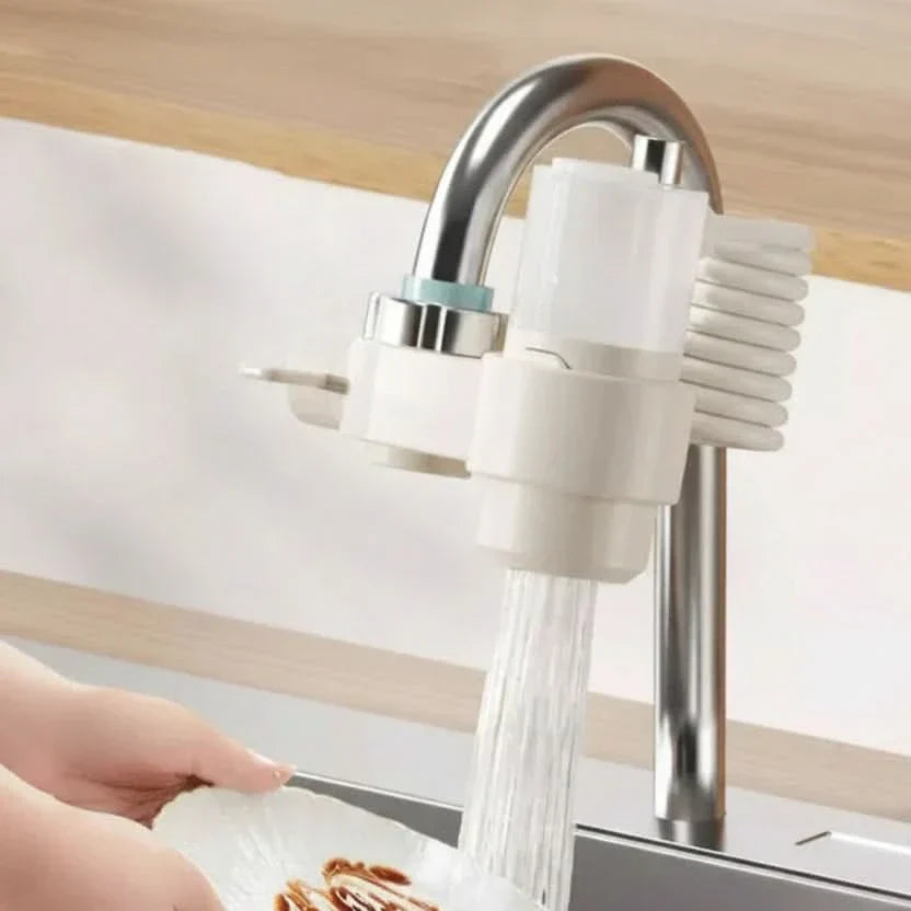 White kitchen tap soap dispenser with sponge holder and flexible hose