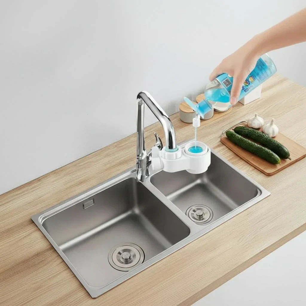White kitchen tap soap dispenser with sponge holder and flexible hose