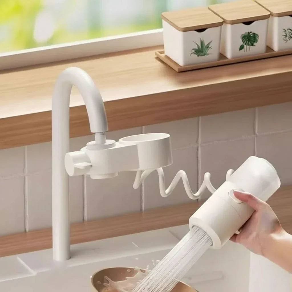 White kitchen tap soap dispenser with sponge holder and flexible hose