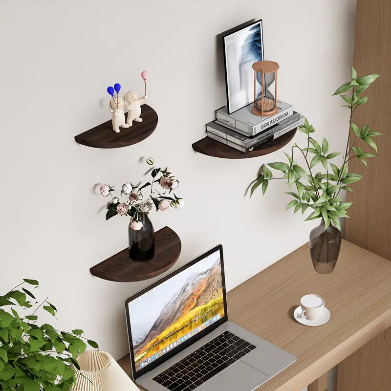 Half-round floating wall shelf with a wood grain finish