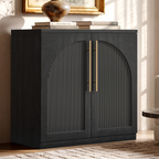 Black arched accent cabinet with fluted double doors and gold-tone handles