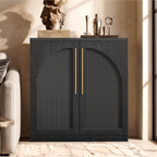 Black arched accent cabinet with fluted double doors and gold-tone handles