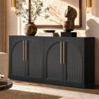 Black arched accent cabinet with fluted double doors and gold-tone handles