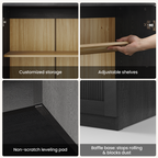 Black arched accent cabinet with fluted double doors and gold-tone handles