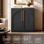 Black arched accent cabinet with fluted double doors and gold-tone handles