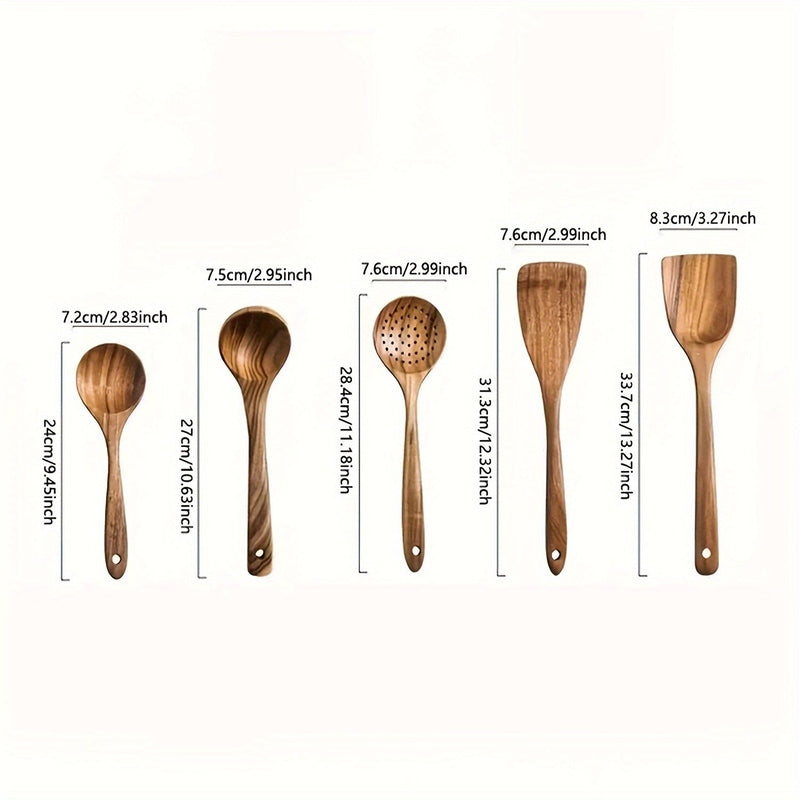 Five-piece brown wooden kitchen utensil set with spoons, slotted spoon and spatula