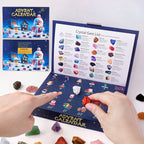 Blue crystal gem advent calendar with 24 numbered compartments and gemstone guide