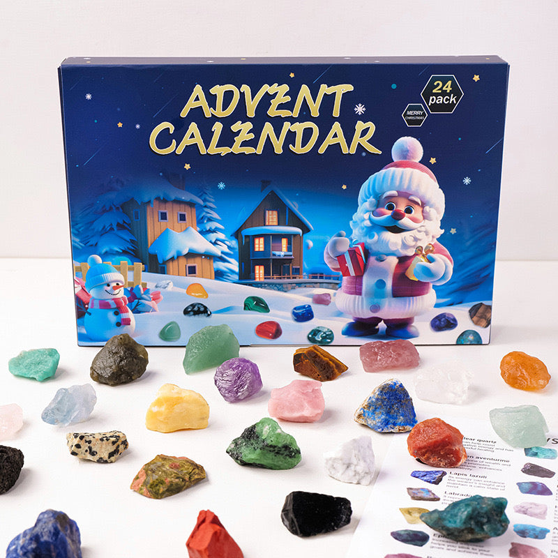 Blue crystal gem advent calendar with 24 numbered compartments and gemstone guide