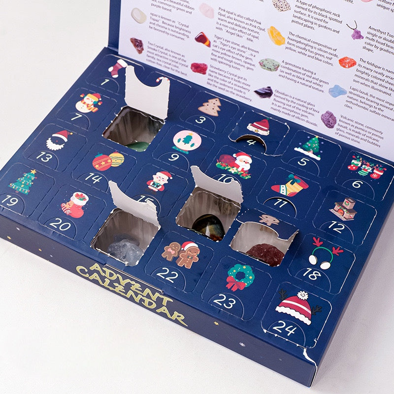 Blue crystal gem advent calendar with 24 numbered compartments and gemstone guide