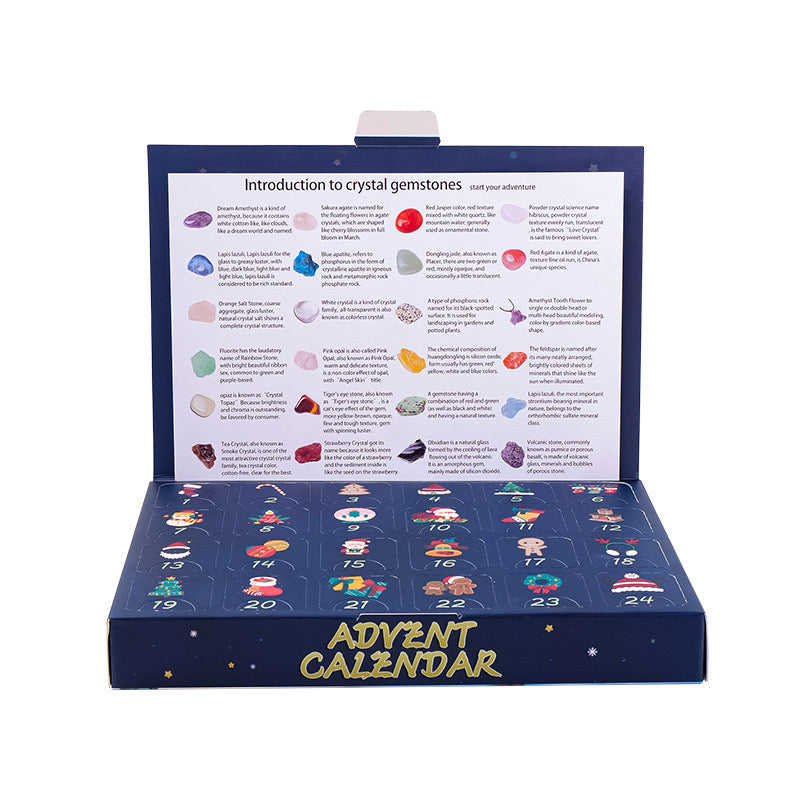 Blue crystal gem advent calendar with 24 numbered compartments and gemstone guide
