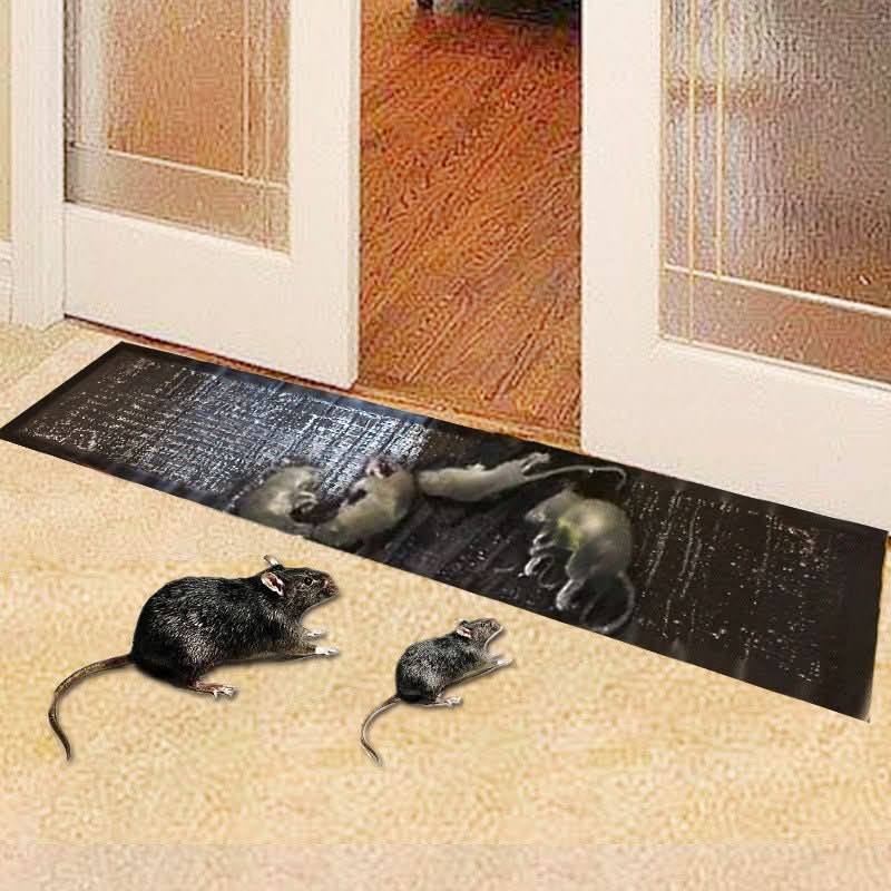Black rectangular rodent control mat with red crossed-out mouse symbol