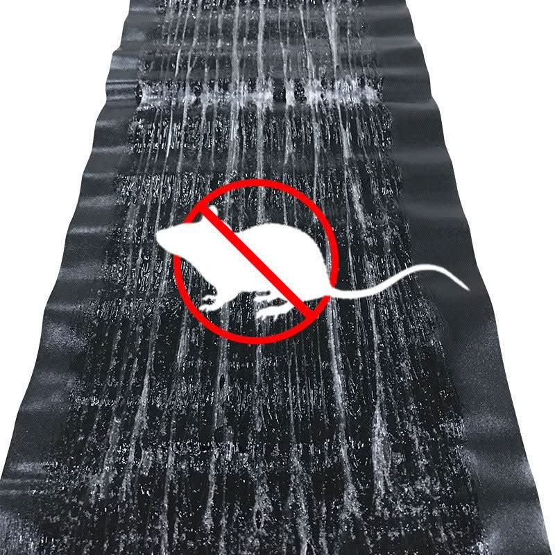 Black rectangular rodent control mat with red crossed-out mouse symbol
