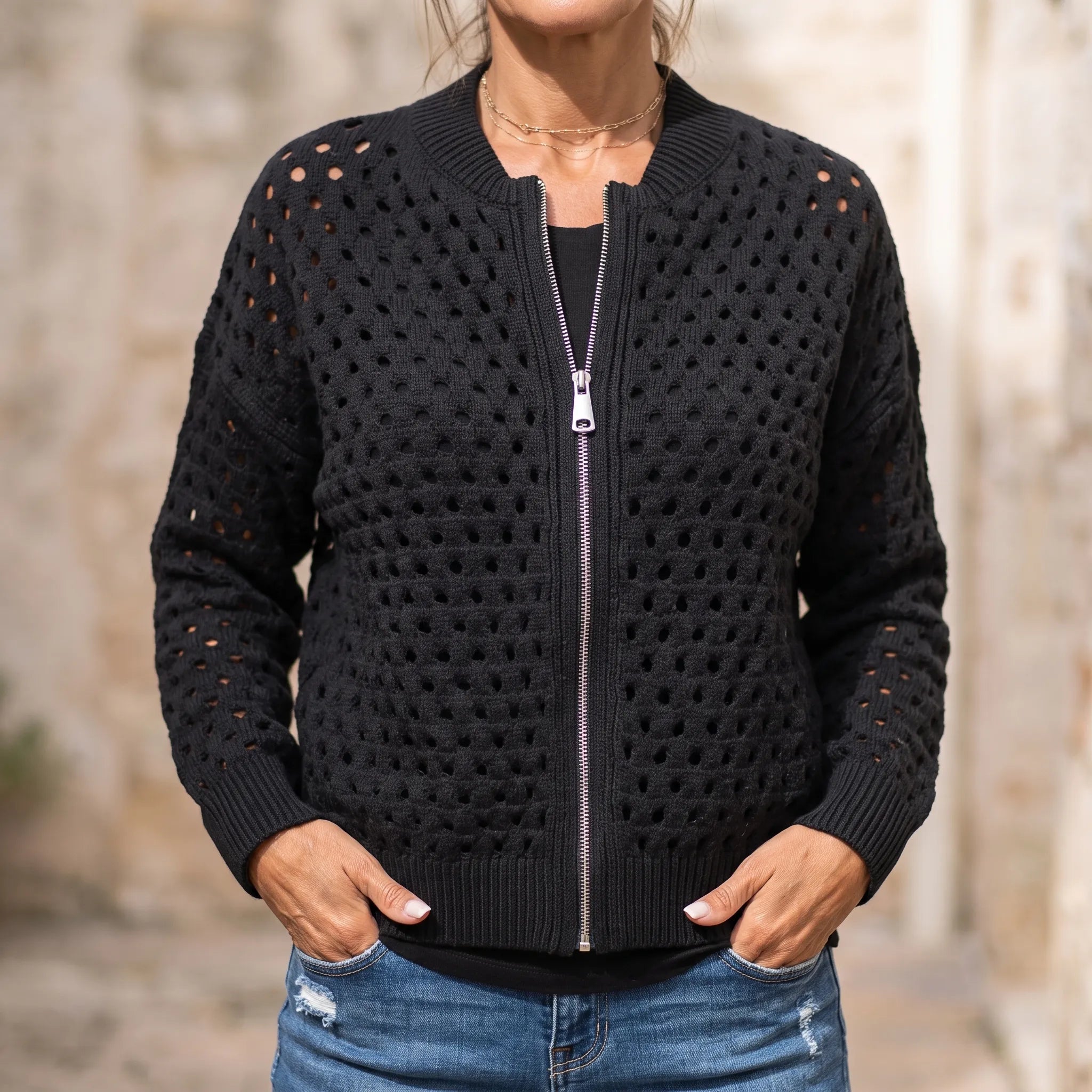 Knitara  - Open-Knit Zip-Up Casual Cardigan Everyday Casual Layering