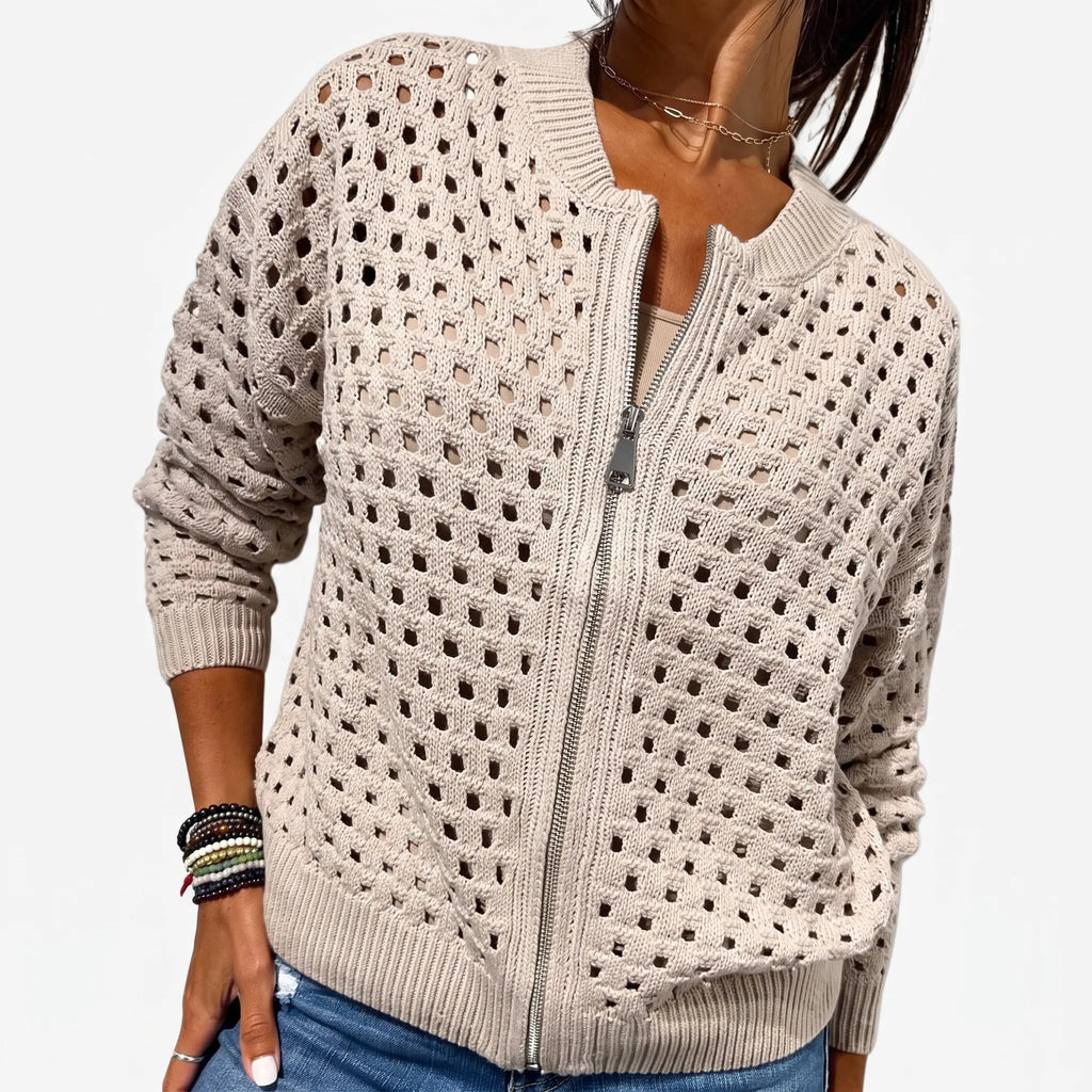 Knitara  - Open-Knit Zip-Up Casual Cardigan Everyday Casual Layering
