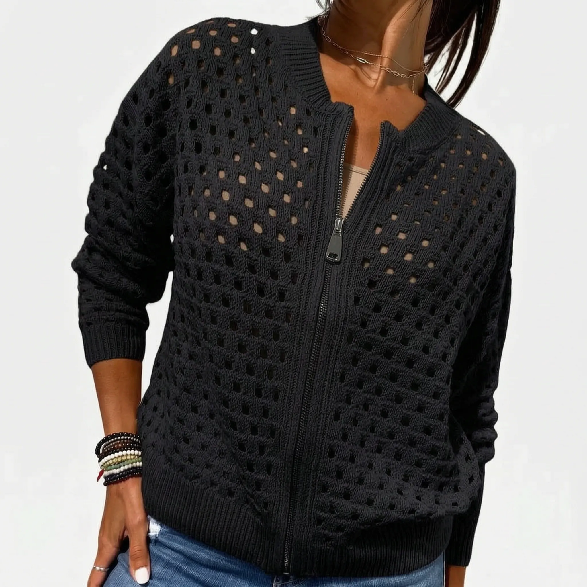 Knitara  - Open-Knit Zip-Up Casual Cardigan Everyday Casual Layering