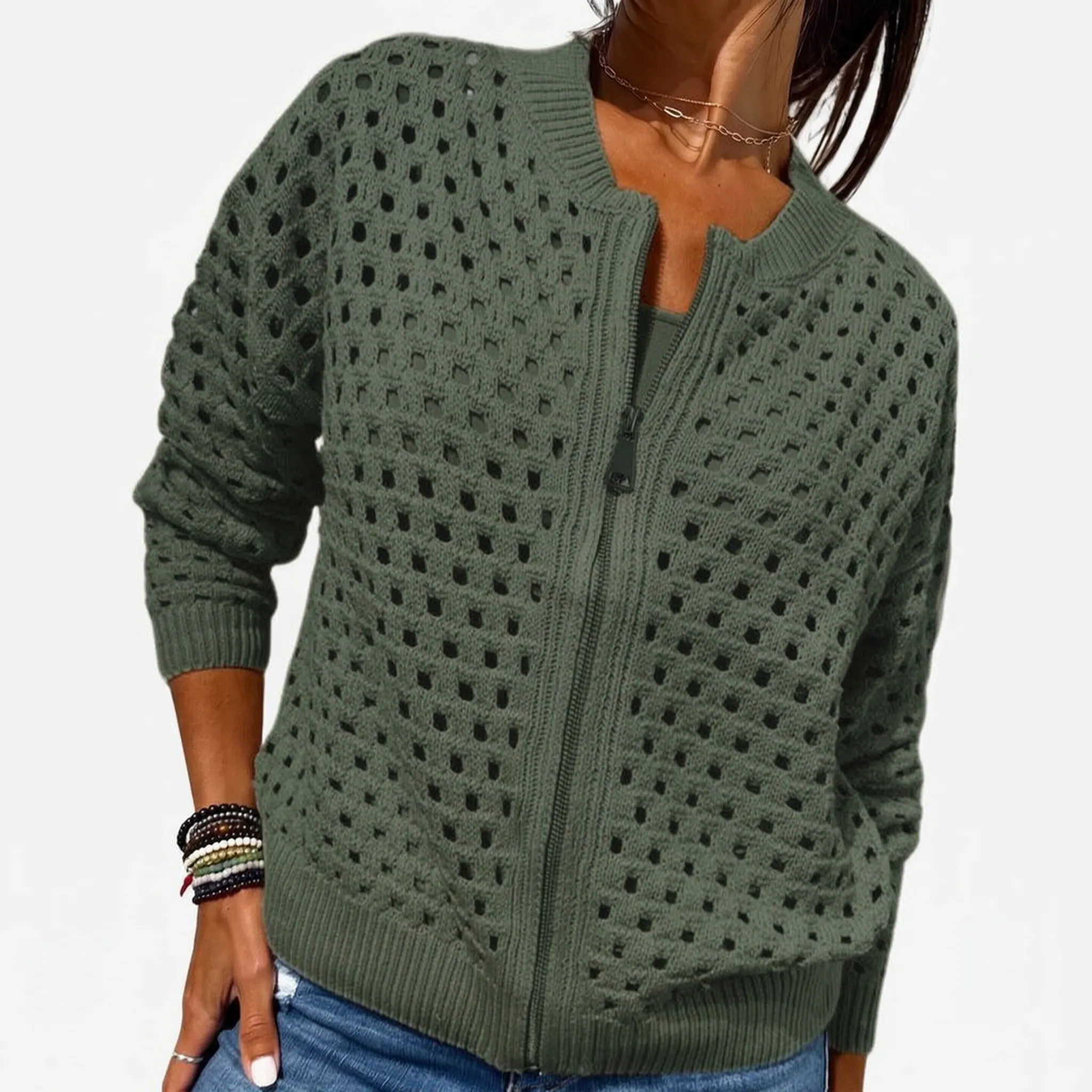 Knitara  - Open-Knit Zip-Up Casual Cardigan Everyday Casual Layering