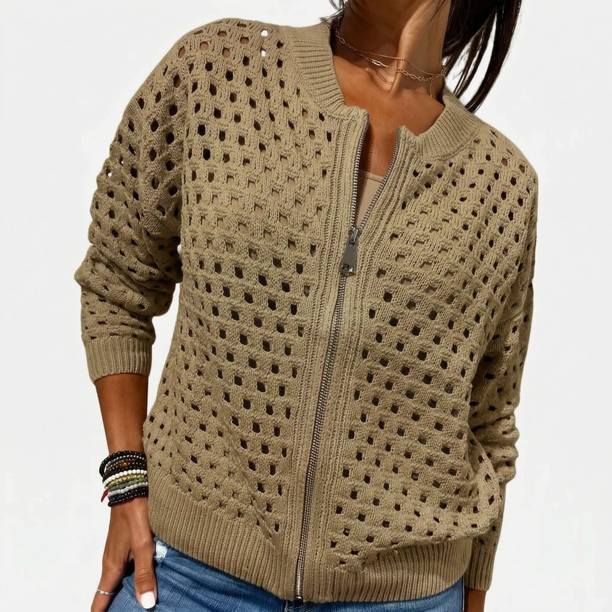 Knitara  - Open-Knit Zip-Up Casual Cardigan Everyday Casual Layering