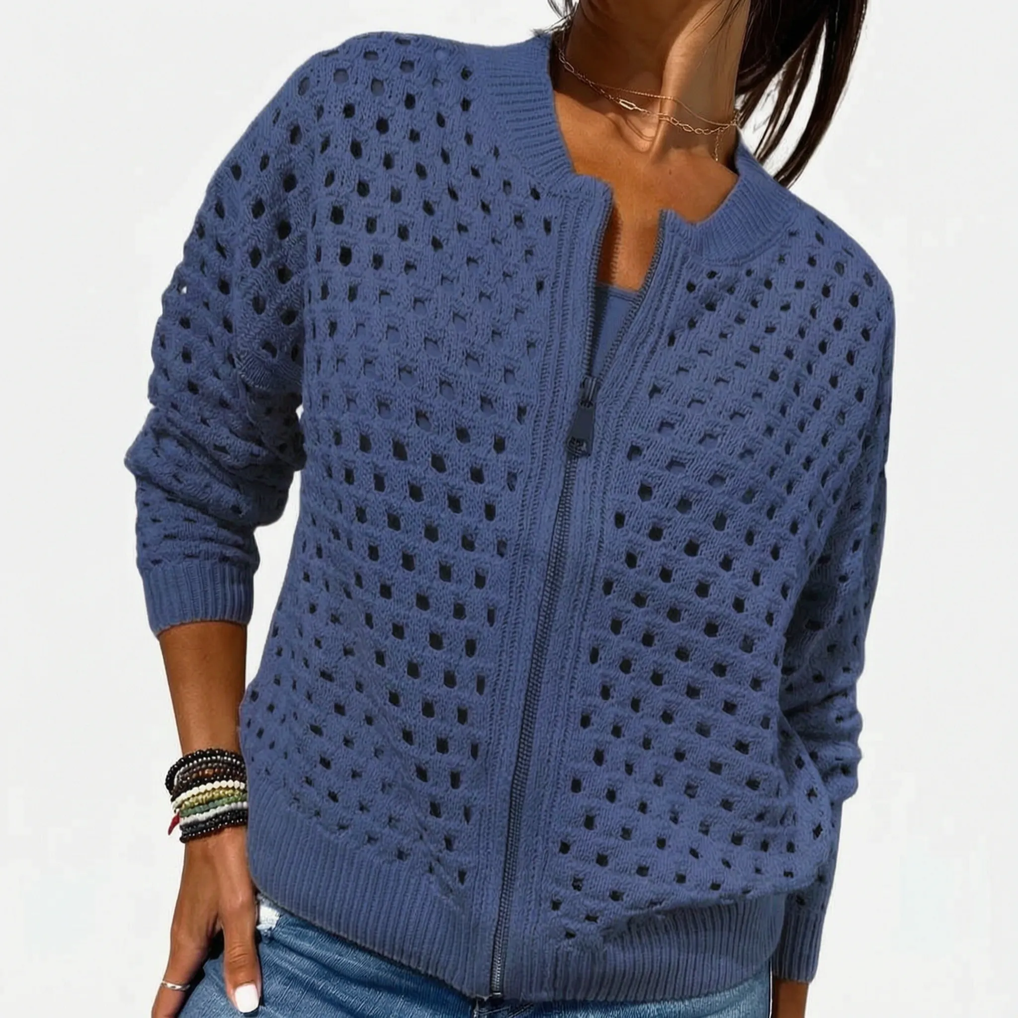 Knitara  - Open-Knit Zip-Up Casual Cardigan Everyday Casual Layering