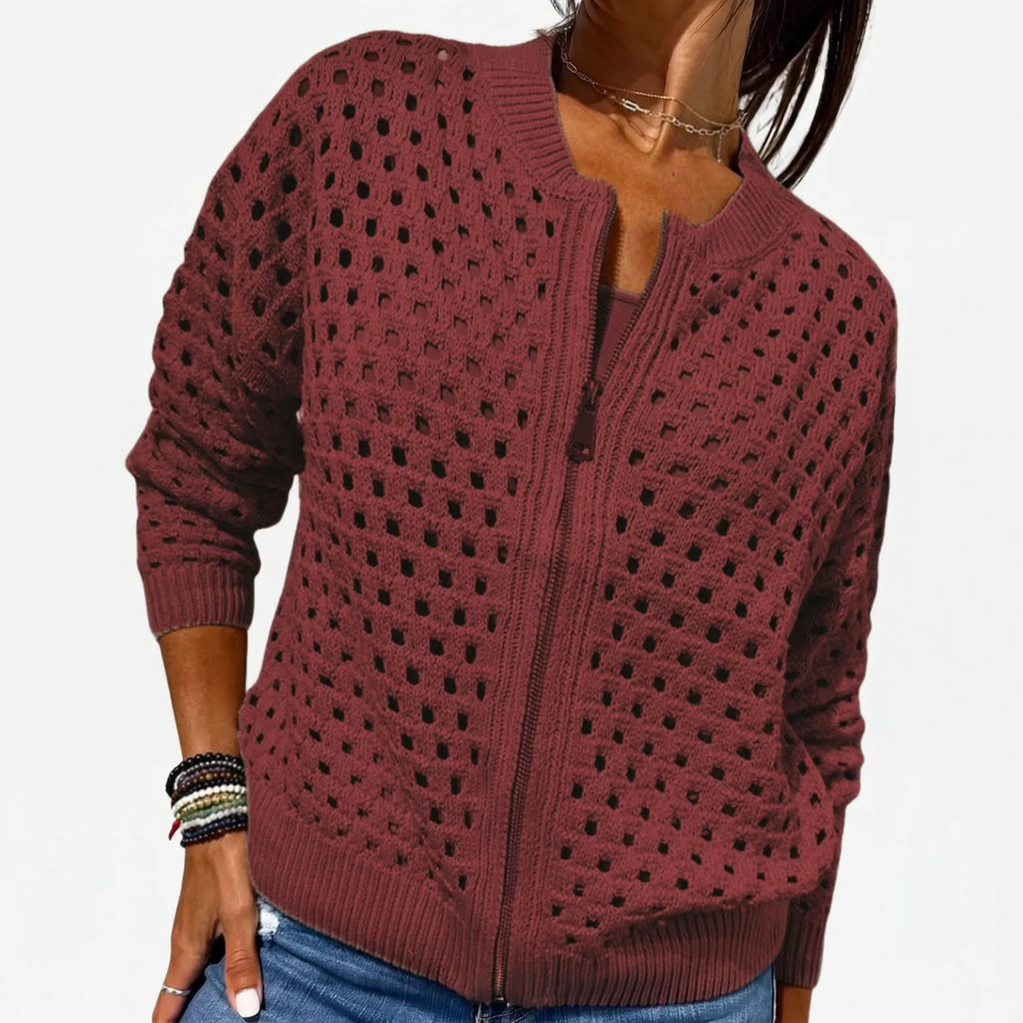 Knitara  - Open-Knit Zip-Up Casual Cardigan Everyday Casual Layering